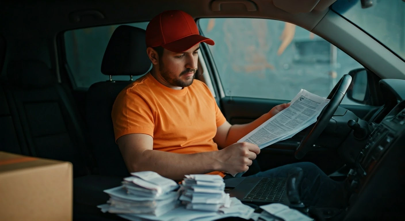 Doordash driver reviewing tax documents in car for tax preparation