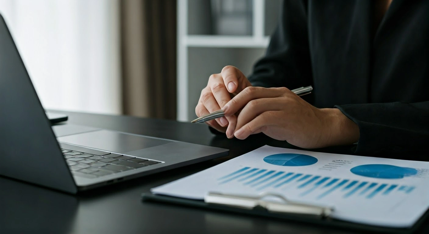 Accountant reviewing business accounts and financial reports to ensure growth.