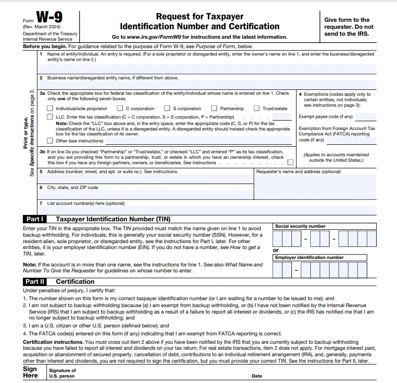 IRS Form W-9 - Request for Taxpayer Identification Number