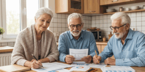 Seniors discussing tax paperwork