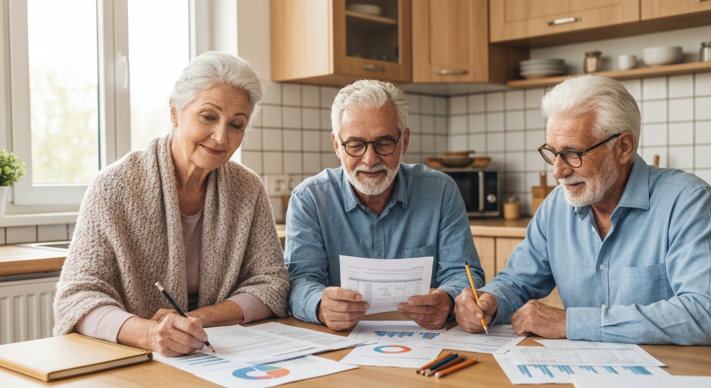 Seniors discussing tax paperwork